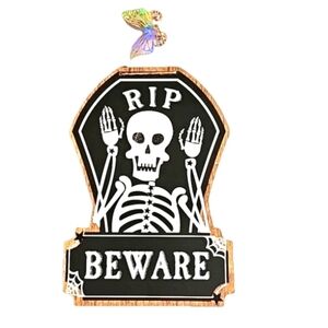 Hand Crafted Wooden Wall Decor Skeleton Design Black & White Glitter BEWARE sign